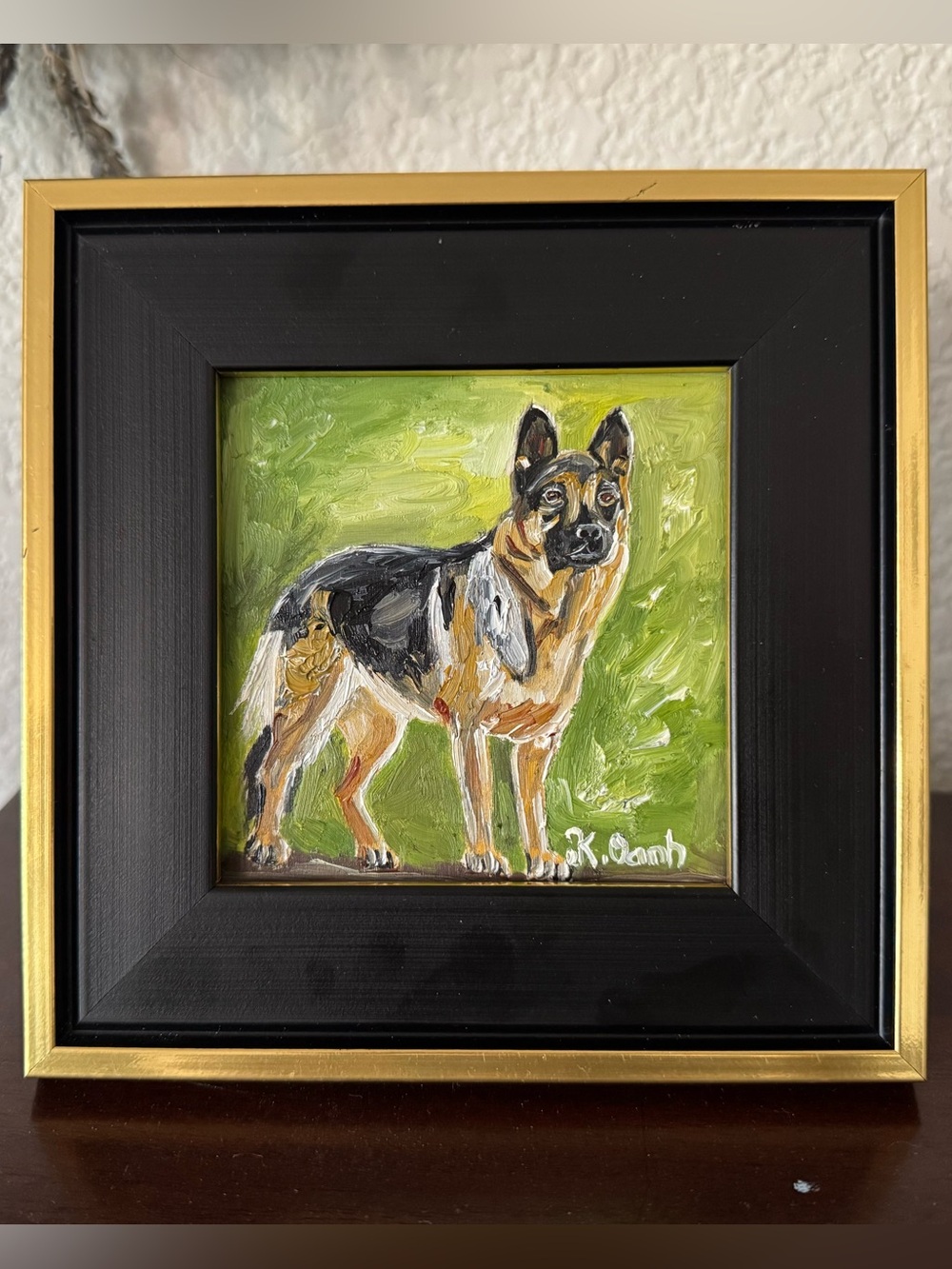 Original oil painting German Shepherd portrait signed framed 4x4 inches
